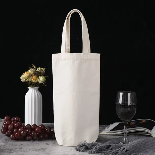 Vista 6 de Bolsa de vino, 10 x 7 x 2 pulgadas, 4 bolsas reutilizables de lona de algodón con etiqueta de cordón