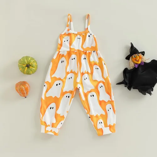 Vista 2 de Emmababy Enterizo de Halloween para niños y niñas pequeñas, con estampado de calabaza, fantasmacaricatura, gato, calabaza, sin mangas, 1-6T, overol
