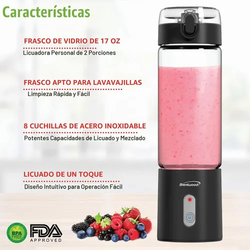 Vista 4 de Brentwood Licuadora portátil de vidrio cargable por USB con batería de 50 vatios y 17 onzas (negro)