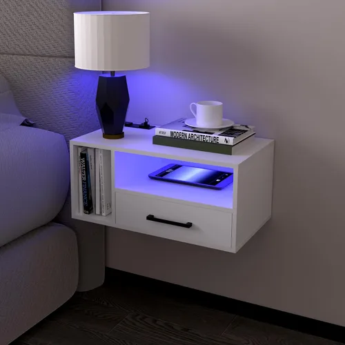 Vista 10 de Homaterial Mesita de noche flotante con estación de carga y luces LED, mesita de noche flotante con cajones, mesitas de noche montadas en la pared