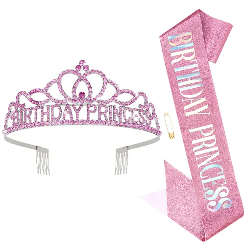 Vista 11 de CIEHER Set de Corona y Banda, Decoraciones de Cumpleaños de Princesa, Oro, Talla única