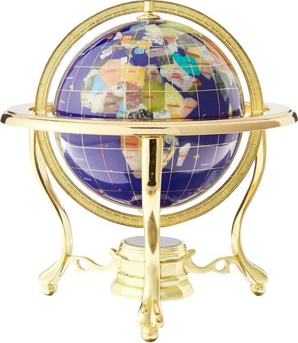 Vista 3 de Unique Art - Globo del mundo con piedra preciosa de lapislázuli azul de 10 x 6 pulgadas con trípode dorado