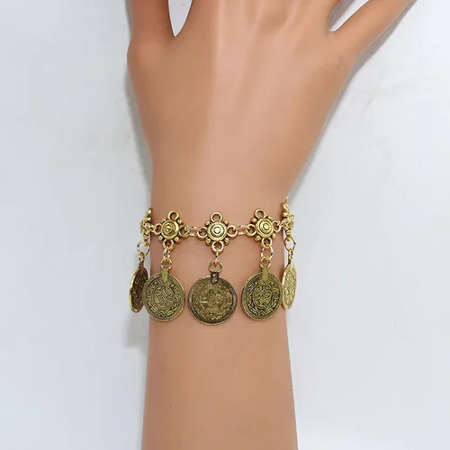 Vista 2 de FUAHXYES Pulseras encantadoras de monedas bohemias vintage de verano ajustables con borlas para la playa, tobilleras de cadena descalza para mujeres