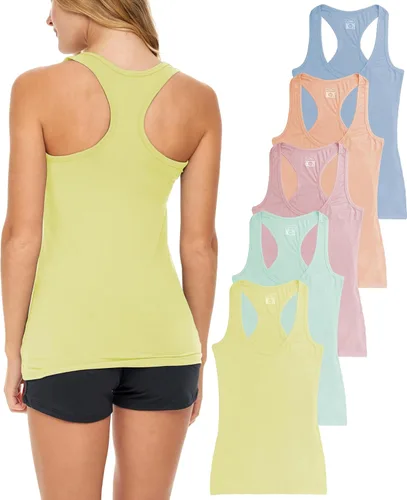 Vista 11 de Sexy Basics Paquete de 5 camisetas sin mangas PowerFlex con espalda nadadora para mujer / Camisetas sin mangas elásticas de algodón y elastano