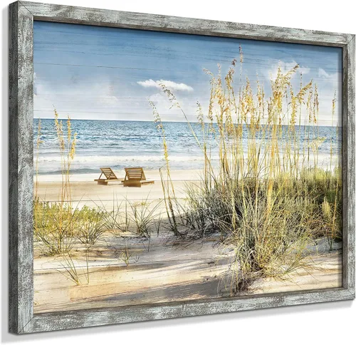 Vista 16 de Pintura enmarcada de paisaje marino: arte abstracto del océano, imagen costera, impresiones de veleros en madera en estilo moderno para decoración