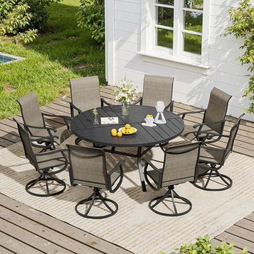 Vista 15 de VICLLAX Muebles pequeños de exterior de 3 piezas, 2 sillas giratorias de patio y mesa redonda pequeña para 2, sillas de carbón oscuro y negro