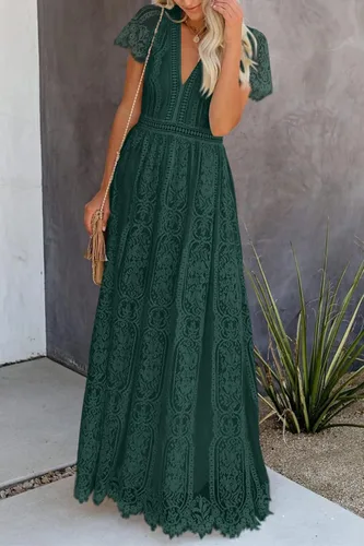 Vista 2 de PRETTYGARDEN - Vestido largo de encaje floral para mujer, manga corta, cuello en V, vestidos de fiesta para boda y para la noche