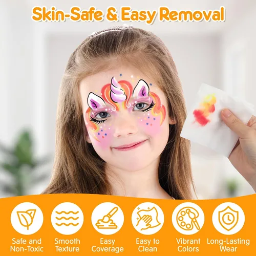 Vista 4 de Mocoosy - Kit de pintura facial de 41 colores para niños, paleta de pintura facial no tóxica activada por agua con plantillas, pinceles, gema, kit