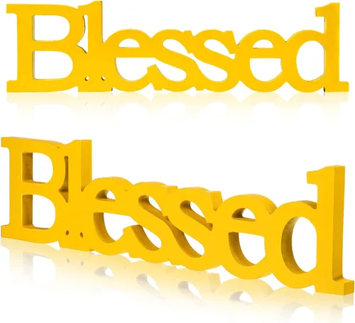 Vista 8 de Blulu Blessed - Letrero de madera con texto en inglés "Blessed", color negro 15 x 4 Inch Rustic Farmhouse Blessed Standing Decor for Thanksgiving