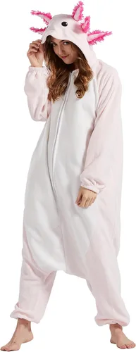 Vista 6 de DELEY Unisex Axolotl Onesie Adult Halloween Costume Anime Axolotl Cosplay Pajamas Warm Sleepwear Homewear