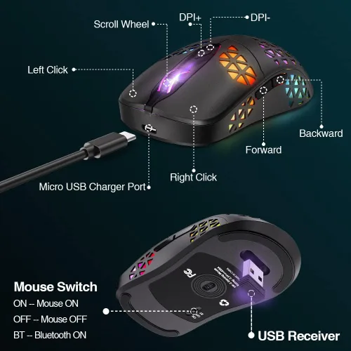 Vista 3 de WolfLawS Mouse inalámbrico para juegos KM-3 mouse USB recargable con carcasa de panal 7 botones programados 4 DPI ajustables BT50BT3024GHz mouse