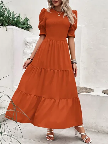 Vista 48 de BTFBM Vestidos para mujer, cuello redondo, casual, de verano, con volantes, manga corta, bohemio, con niveles, fruncido, largo, con estampado floral