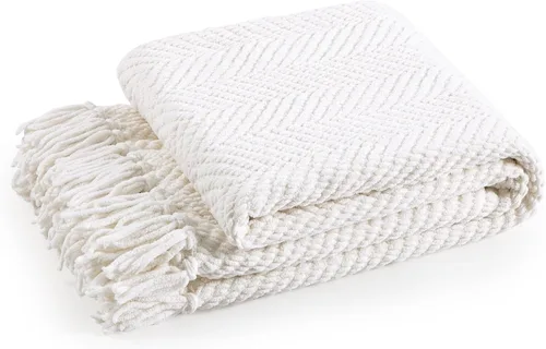Vista 5 de Manta de punto suave con textura para sofá, manta de tweed crema con borlas de flecos para decoración del hogar, cama, sofá, silla, 50 x 60 Blanco