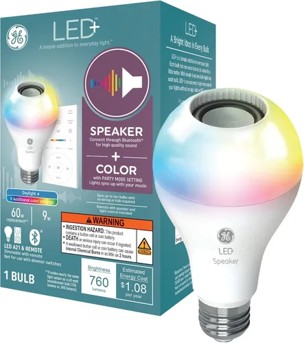 Vista 9 de GE LED+ A21 Bombilla LED, Luz LED Interior con Cambio de Color, Altavoz Inalámbrico Bluetooth con Control Remoto, 9W, Multicolor y Blanco Cálido