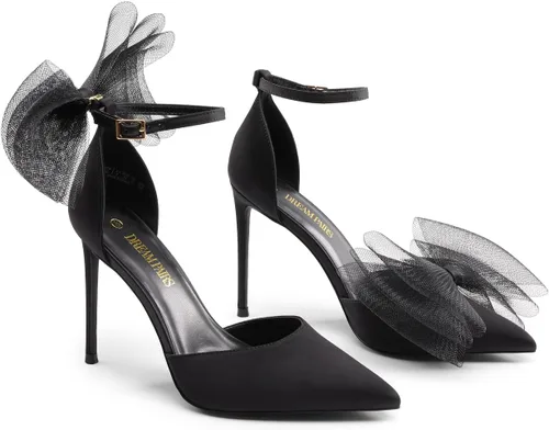 Vista 2 de DREAM PAIRS Zapatos de tacón alto para mujer, con tiras cerradas, puntera puntiaguda, lazo de malla, correa de tobillo, vestido sexy D'Orsay