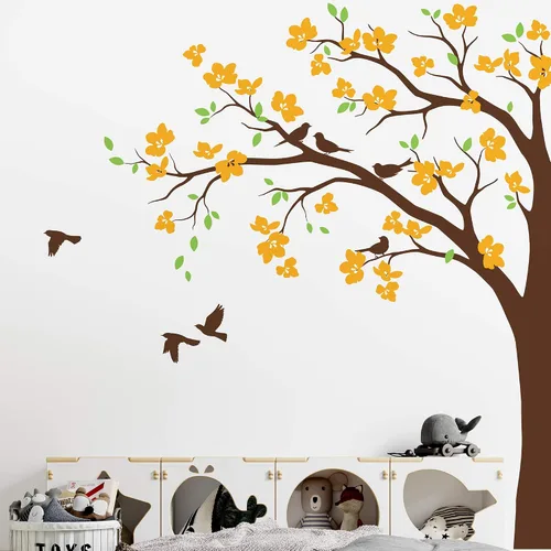 Vista 4 de Adhesivo decorativo para pared de árbol de esquina grande con flores grandes, pájaros y hojas para cuarto de bebé, mural 087