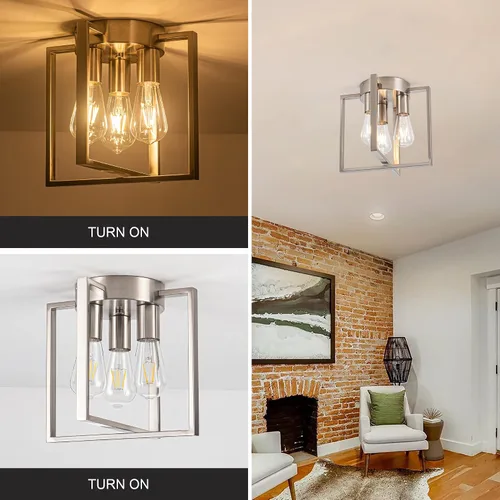 Vista 3 de Lámpara de montaje empotrado de 3 luces, marco de metal de níquel cepillado con jaula de metal geométrica contemporánea, para sala de estar, cocina