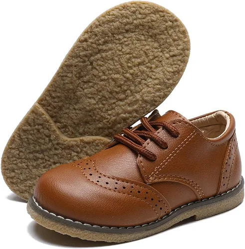 Vista 3 de COSANKIM Zapatos de vestir para niños y niñas, de piel sintética, con cordones, para boda, escuela, uniforme, mocasín, planos, zapatos de vestir