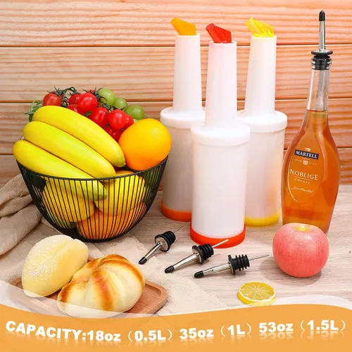 Vista 5 de Chengu Botellas de jugo de frutas de 34 onzas líquidas, suministros de barra de licor de plástico con vertedor de botellas de acero inoxidable