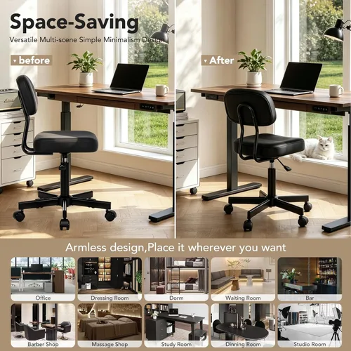 Vista 7 de Silla de oficina pequeña, silla de escritorio alta sin brazos, taburete con Negro