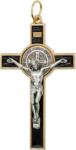 Vista 4 de Medalla de San Benito Crucifijo Santo Patrón de los Estudiantes y Europa Incluye estuche y cordón Gran regalo católico para la primera Negro