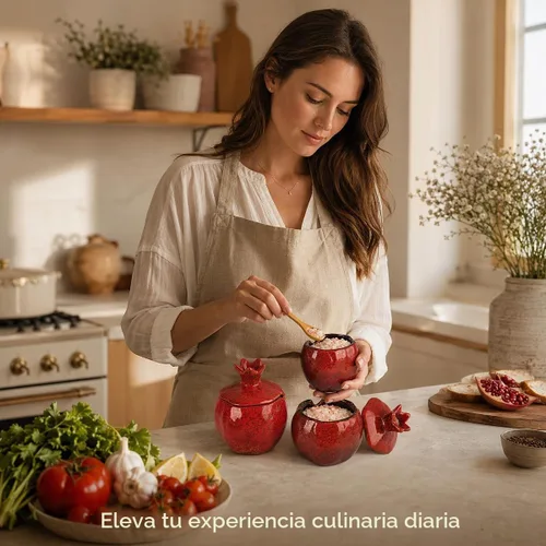 Vista 7 de Sal Bodega 2 PCS Cerámica Granada En Forma De Tazón De Sal Con Tapa Y Cuchara