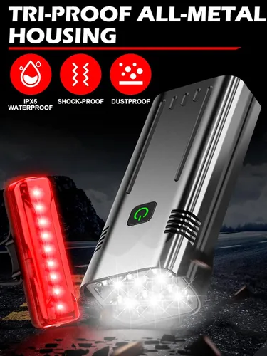 Vista 7 de Luces de bicicleta de alto lúmenes delanteras y traseras para conducción nocturna, 10,000 mAh USB recargable 6 luces LED para bicicleta, 5+5 modos