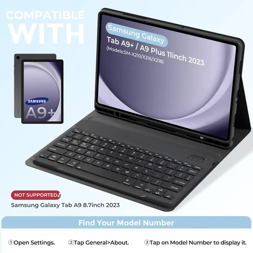 Vista 2 de Funda con teclado para Samsung Galaxy Tab A9 Plus/A9 11’’ 2023, Funda para tablet Samsung A9 Plus con ranura para lápiz, teclado desmontable tipo