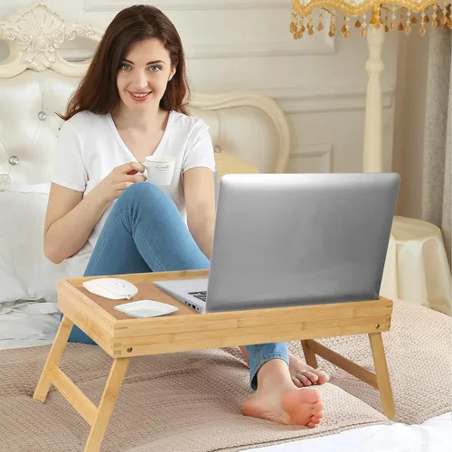 Vista 2 de Bandeja de cama para desayuno, bandeja de comida con patas plegables, bandeja de cocina para escritorios de regazo, portátil, computadora, sofá