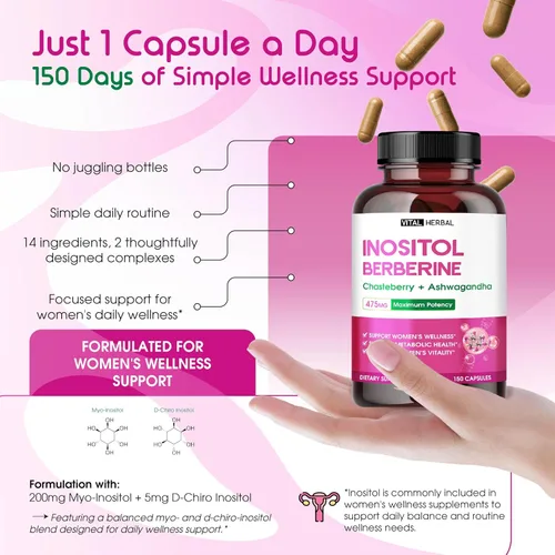 Vista 5 de Inositol liposomal con berberina, chasteberry y ashwagandha - Apoya el bienestar de las mujeres, el equilibrio hormonal y el metabolismo - 150