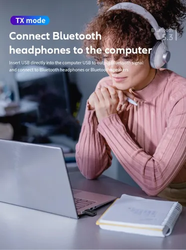 Vista 5 de 5.3 transceptor 2 en 1 receptor BT, adaptador Bluetooth USB, adaptador de audio inalámbrico, baja latencia, alimentación por USB para PC