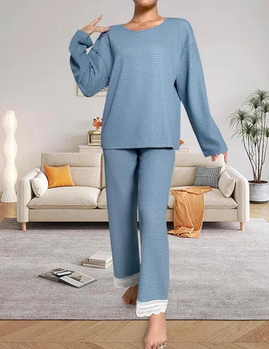 Vista 2 de XULEN Conjunto de pijama mullido para mujer, de manga larga, de franela, de 2 piezas, para invierno, cálido, ropa de dormir mullida