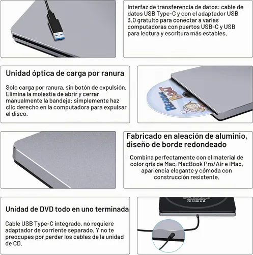 Vista 4 de Unidad de CD externa para Mac: USB C reproductor de grabadora de DVD SuperDrive para portátil Windows Apple Plug & Play Copia de seguridad de datos