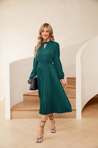 Vista 3 de JASAMBAC Vestido midi plisado de manga larga para mujer