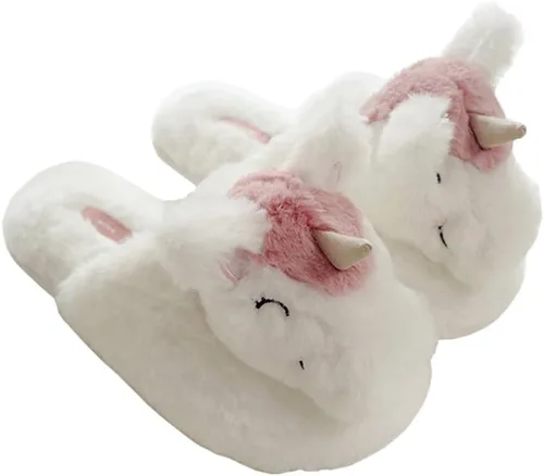 Vista 7 de Millffy Pantuflas de unicornio de peluche para mujer, diseño de conejo, zapatos de conejo, para interiores, hogar, dormitorio, pantuflas Fox Head