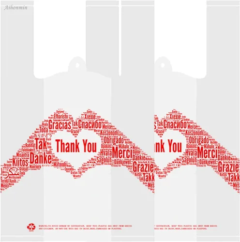 Vista 4 de Thank You - Bolsa de plástico para compras, bolsas de mercancía, paquete de 100 bolsas de comestibles reutilizables y desechables de 12 x 6.5 x 20