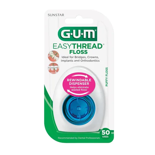 Vista 2 de GUM EasyThread Hilo dental enhebrado - Hilo dental expandible para aparatos, puentes e implantes - Enhebradores de hilo dental rígidos incorporados