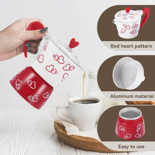 Vista 3 de HERCHR Red Heart - Olla de aluminio para moka, cafetera de café expreso con mango ergonómico antideslizante para verter sobre la cafetera
