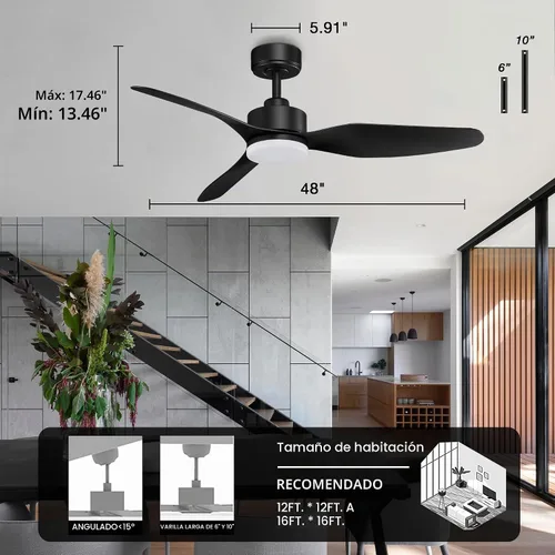 Vista 7 de Hoenofly Ventiladores de techo inteligentes de 48" con luces LED y control remoto, motor de CC silencioso, regulable, ventilador de techo moderno