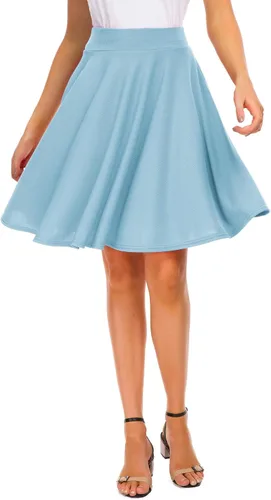 Vista 9 de EXCHIC Falda básica para mujer, estilo patinadora, casual, elástica, plisada, minifalda con vuelo midi de línea A 10