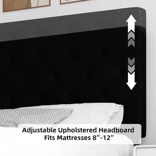Vista 5 de HOMBCK Base de cama de tamaño individual con cabecera, base de cama tapizada con plataforma de lino para niños, base de cama de tamaño individual