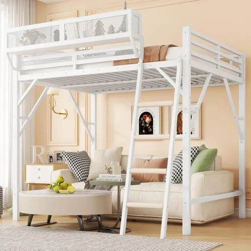 Vista 19 de Mirightone Cama elevada de tamaño completo con escaleras, camas elevadas de metal, estructura de cama elevada con estantes de almacenamiento, cama