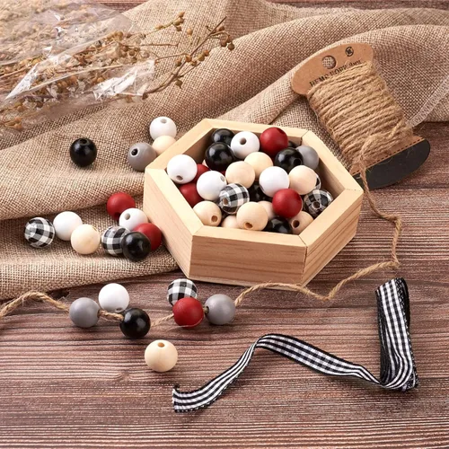 Vista 4 de 120 cuentas redondas de madera natural con cinta de poliéster de yute, decoración de bolas de madera, cuentas de madera rústicas de granja