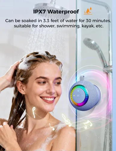 Vista 2 de Altavoz de ducha Bluetooth impermeable portátil: sonido envolvente de 360°, ventosa IPX7 extraíble con perilla de escape al vacío, 2 en 1, luces