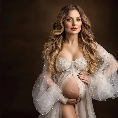Vista 4 de Vestido de maternidad para sesión de fotos, hombros descubiertos, bata de tul larga para baby shower, vestido de embarazo nupcial