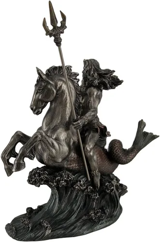 Vista 2 de Zeckos Poseidón griego Dios del mar sosteniendo Tridente en hipocampo Estatua de mesa de metal marrón oscuro/negro