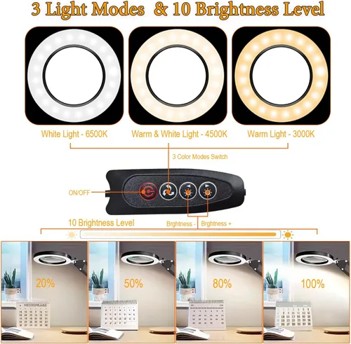 Vista 5 de Lupa 15X con luz - Lente de cristal real, 3 modos de color y brillo ajustable - Lámpara de escritorio 2 en 1 con abrazadera y base pesada - Brazo