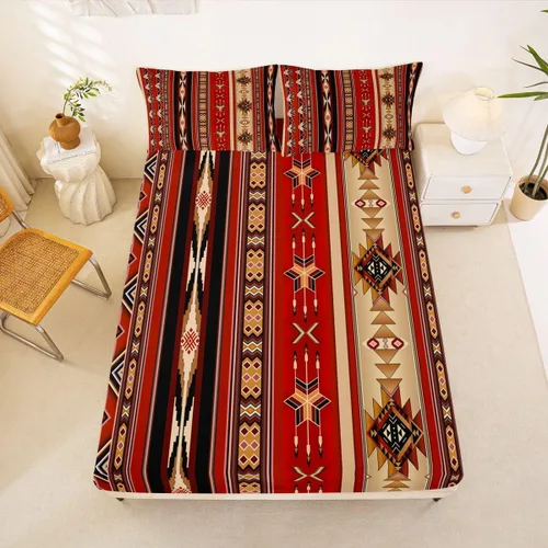 Vista 10 de Juego de ropa de cama de estilo bohemio occidental, tamaño individual, diseño de vaca atrapasueños, sábana bajera ajustable del suroeste, tribu