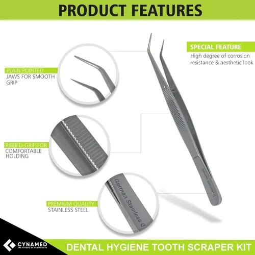 Vista 4 de CynaMed Kit de cuidado bucal de herramientas dentales (paquete de 3) – Púa dental de acero inoxidable, raspador de sarro, raspador, pinzas y espejo
