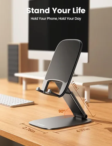 Vista 4 de Lamicall - Soporte de teléfono ultrafino para escritorio, soporte plegable para teléfono celular, altura ajustable, base pesada resistente, funda